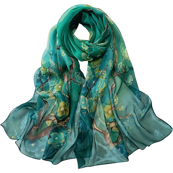 Women's Dark Green Fashion Lightweight Head Scarf Floral Print Chiffon Scarf - Picture 1 of 7